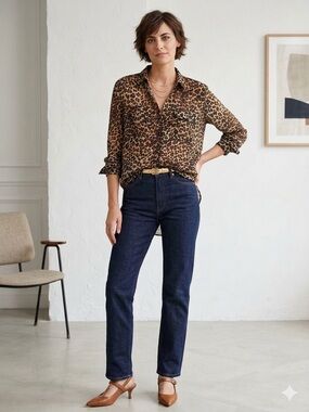 Ines Leopard Print Sheer Utility Button Down Shirt Top